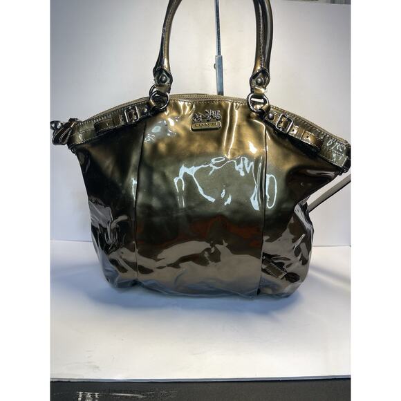 Coach Patent Leather Metallic Olive Green Tote Shoulder Bag - Picture 1 of 9